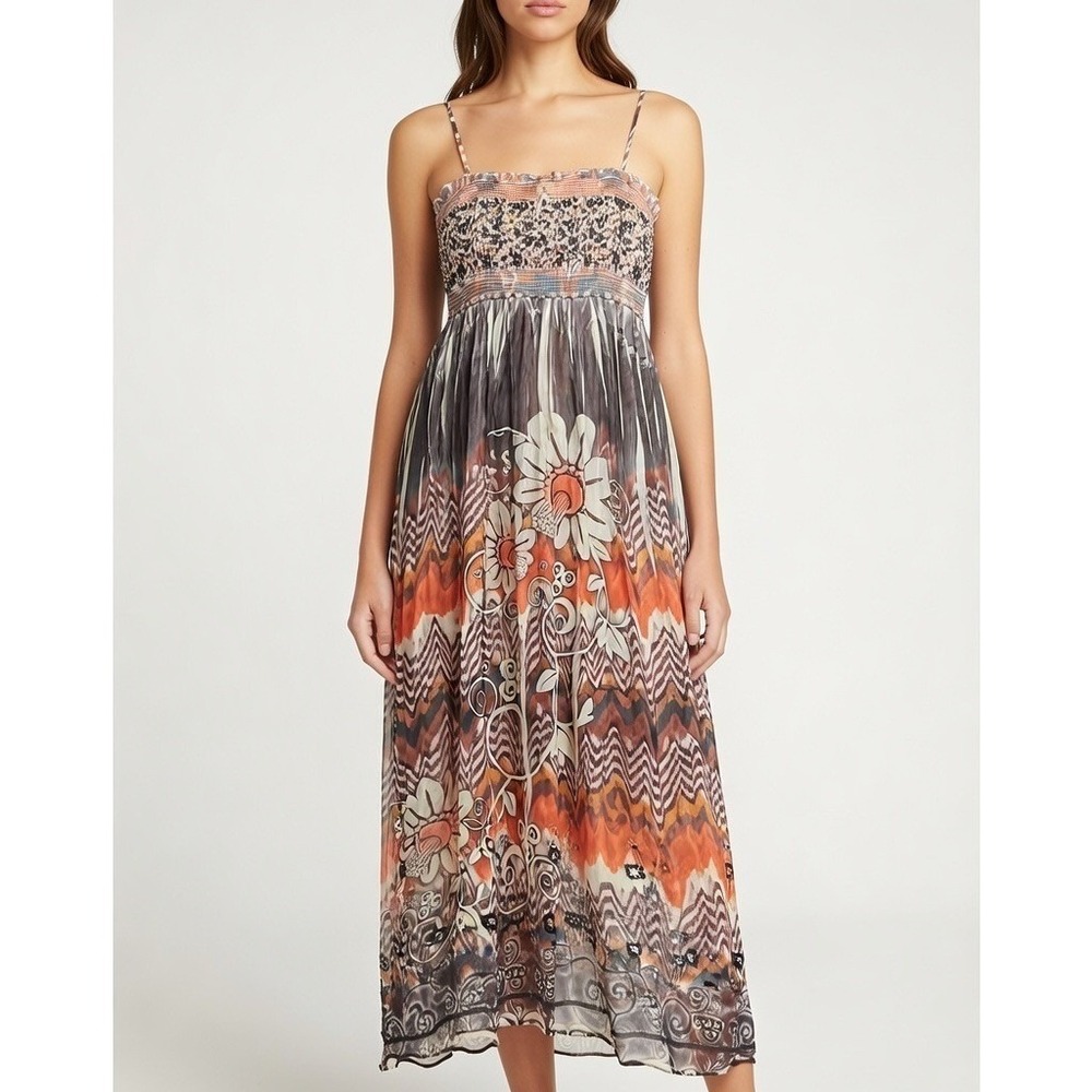 Lapis Women Orange Purple Floral Sequin Smocked Empire Waist Maxi Dress One Size